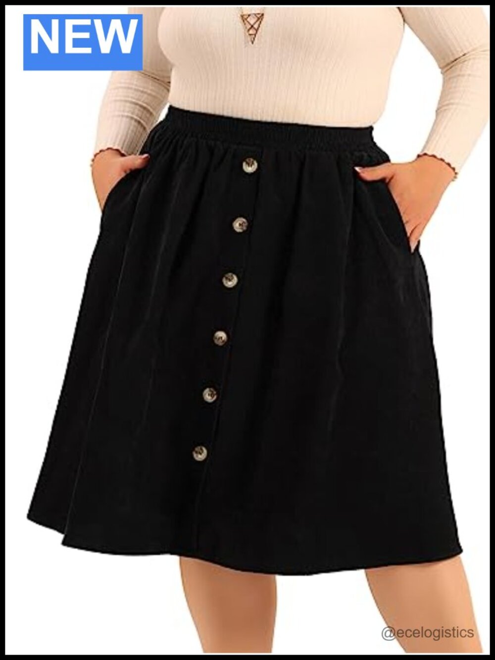 Plus Size Corduroy A-Line Midi Skirt with Pockets High Waist